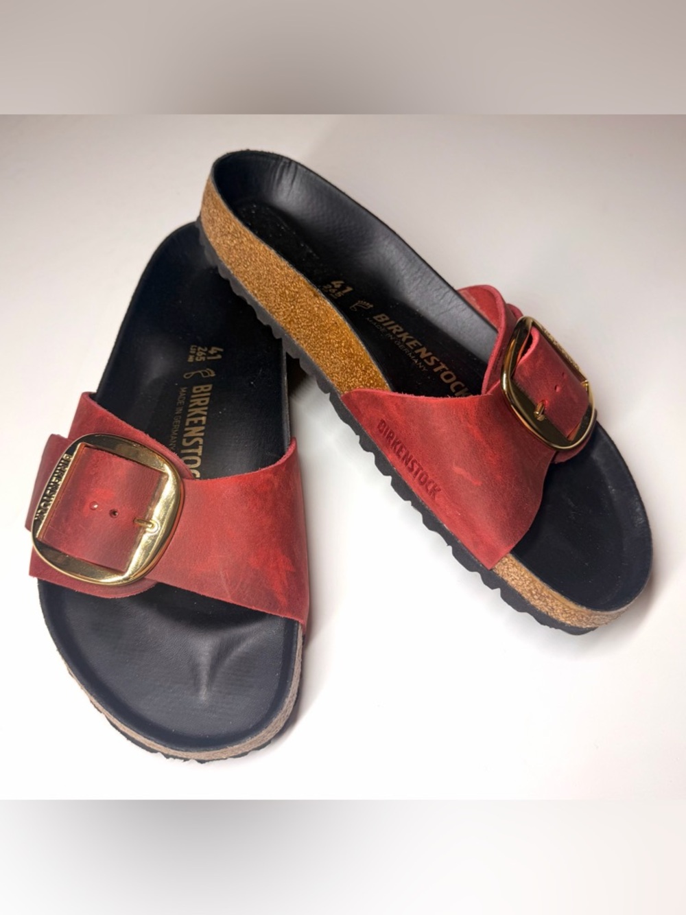 Birkenstock Madrid Red Leather Slide Sandals with Gold Buckles - Picture 7 of 9